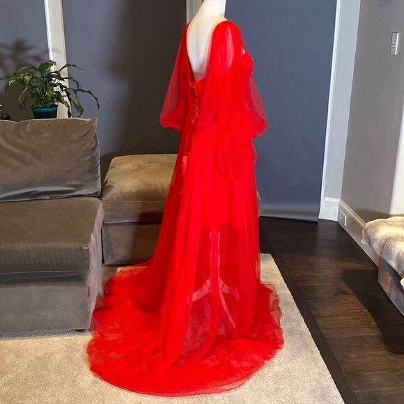 Women’s Red Prom Party Formal Dress With Corset Back and Leg Slit Size 16 NWOT - Picture 9 of 12